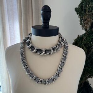 Vintage Chanel Silver Chain Necklace with Grey Velvet